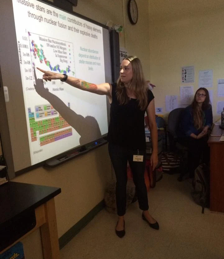 Anna Rosen mid-talk in a classroom, pointing at a projected slide reading “Massive stars are the main contributors of heavy elements through nuclear fusion and their explosive deaths”, with a plot of elemental abundance against atomic mass and a periodic table.