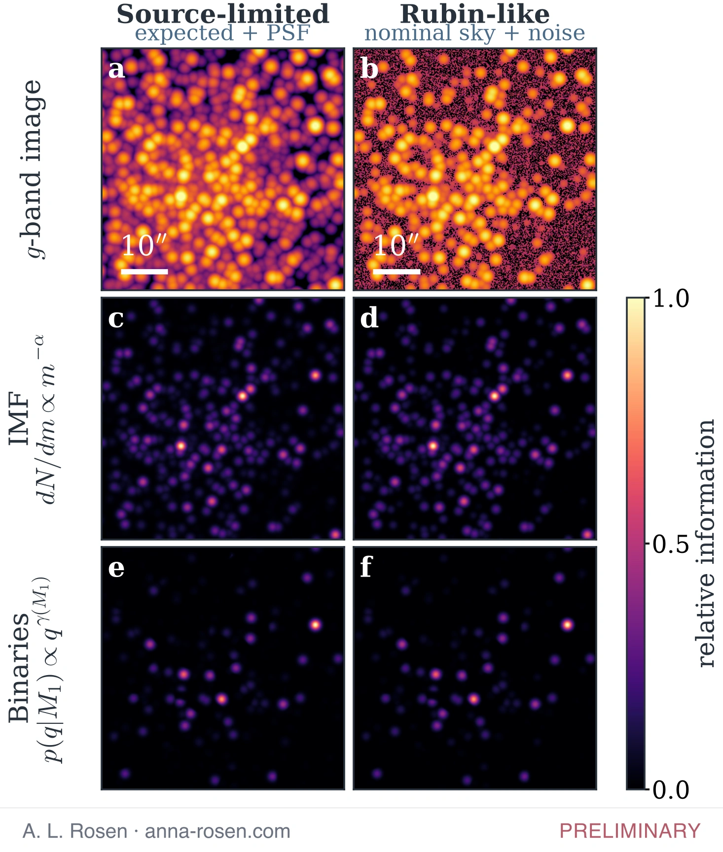 Six panels in two columns. Top row: a simulated g-band image of a crowded cluster, first as an expected source-limited scene and then as a nominal 30-second Rubin-like exposure with sky and noise. Middle row: maps of how much information each pixel carries about the IMF slope. Bottom row: the same for the binary mass-ratio slope. The information maps are concentrated on a sparse subset of stars, and differ between the two parameters.